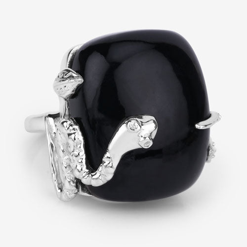 21.04 Carat Genuine Black Onyx and White Topaz .925 Sterling Silver Ring