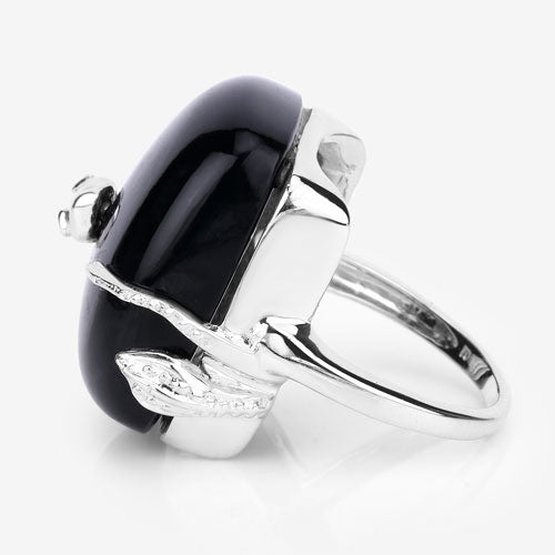 21.04 Carat Genuine Black Onyx and White Topaz .925 Sterling Silver Ring