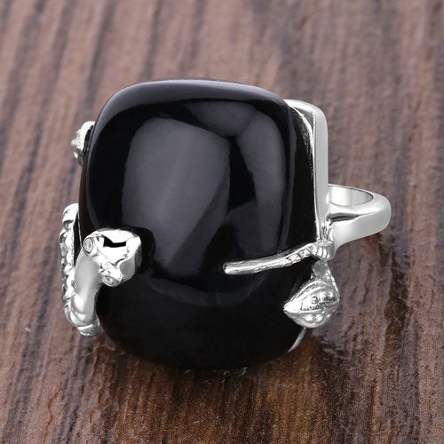 21.04 Carat Genuine Black Onyx and White Topaz .925 Sterling Silver Ring