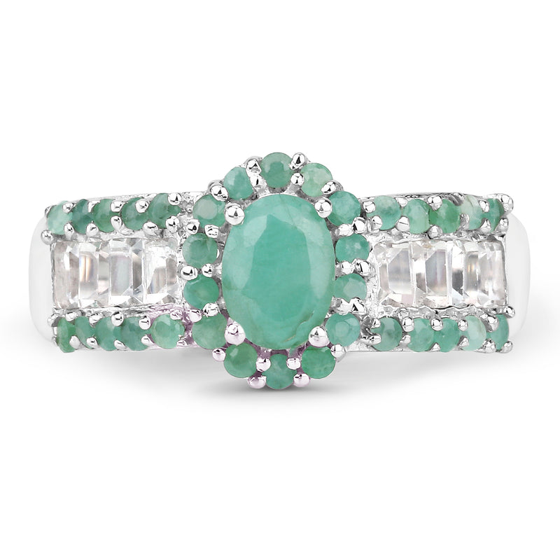 1.97 Carat Genuine Emerald and White Topaz .925 Sterling Silver Ring