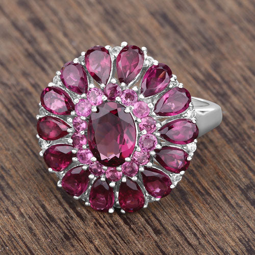 6.19 Carat Genuine Rhodolite and White Topaz .925 Sterling Silver Ring