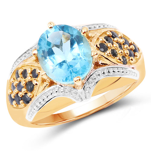 14K Yellow Gold Plated 4.06 Carat Genuine Swiss Blue Topaz & Blue Sapphire .925 Sterling Silver Ring