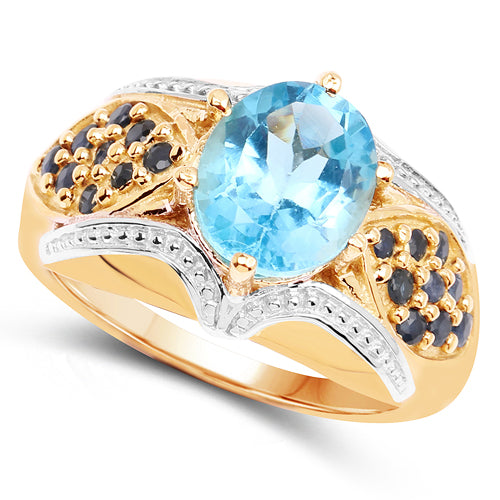 14K Yellow Gold Plated 4.06 Carat Genuine Swiss Blue Topaz & Blue Sapphire .925 Sterling Silver Ring