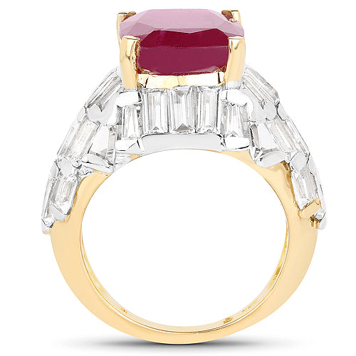 14K Yellow Gold Plated 10.76 Carat Glass Filled Ruby and White Topaz .925 Sterling Silver Ring