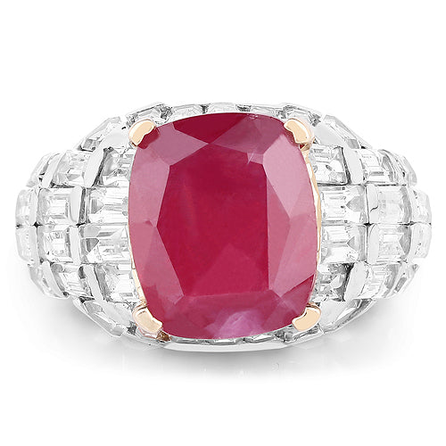 14K Yellow Gold Plated 10.76 Carat Glass Filled Ruby and White Topaz .925 Sterling Silver Ring