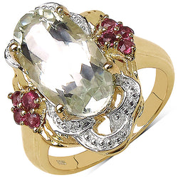 14K Yellow Gold Plated 4.65 Carat Genuine Green Amethyst & Rhodolite .925 Sterling Silver Ring