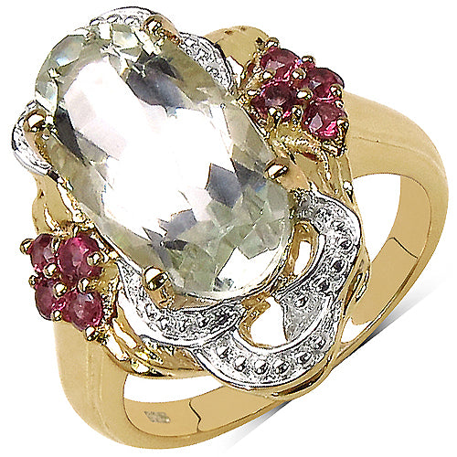 14K Yellow Gold Plated 4.65 Carat Genuine Green Amethyst & Rhodolite .925 Sterling Silver Ring