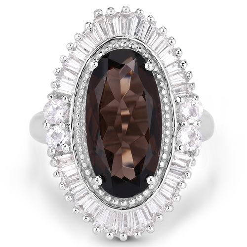 8.12 Carat Genuine Smoky Quartz and White Topaz .925 Sterling Silver Ring