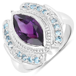 3.06 Carat Genuine Amethyst and London Blue Topaz .925 Sterling Silver Ring