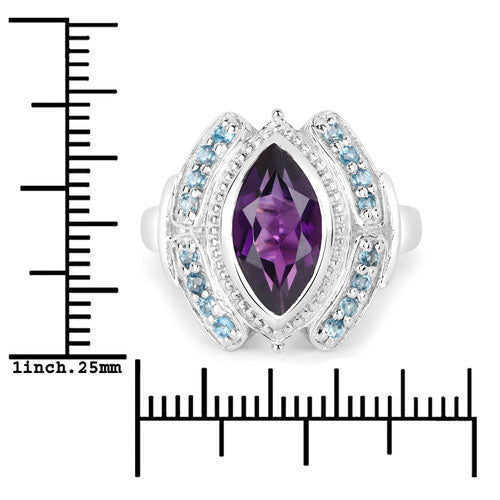 3.06 Carat Genuine Amethyst and London Blue Topaz .925 Sterling Silver Ring