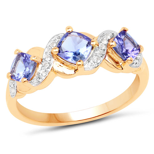 14K Yellow Gold Plated 1.20 Carat Genuine Tanzanite and White Topaz .925 Sterling Silver Ring