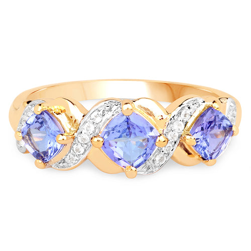14K Yellow Gold Plated 1.20 Carat Genuine Tanzanite and White Topaz .925 Sterling Silver Ring