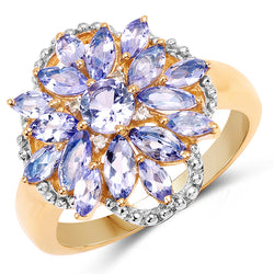 14K Yellow Gold Plated 2.01 Carat Genuine Tanzanite & White Topaz .925 Sterling Silver Ring