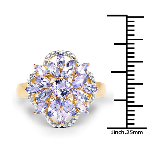 14K Yellow Gold Plated 2.01 Carat Genuine Tanzanite & White Topaz .925 Sterling Silver Ring