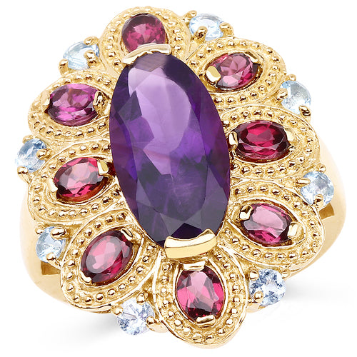 14K Yellow Gold Plated 6.80 Carat Genuine Amethyst, Rhodolite & Blue Topaz .925 Sterling Silver Ring