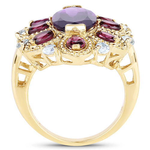 14K Yellow Gold Plated 6.80 Carat Genuine Amethyst, Rhodolite & Blue Topaz .925 Sterling Silver Ring