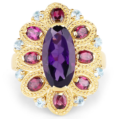 14K Yellow Gold Plated 6.80 Carat Genuine Amethyst, Rhodolite & Blue Topaz .925 Sterling Silver Ring