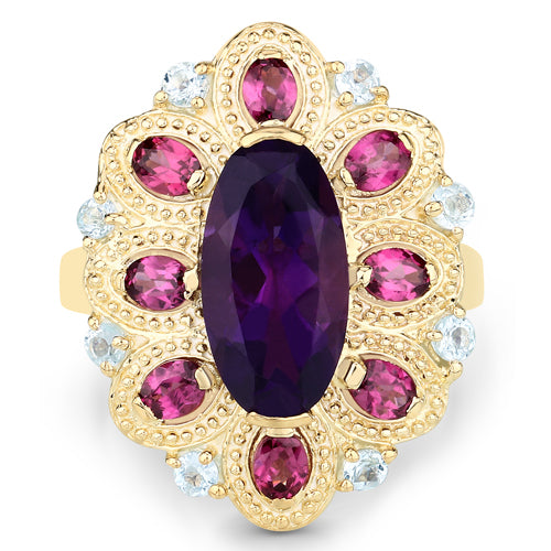 6.80 Carat Genuine Amethyst, Rhodolite and Blue Topaz .925 Sterling Silver Ring