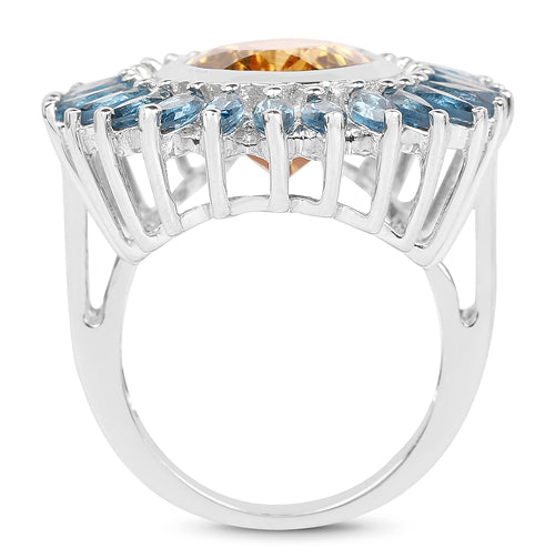 7.54 Carat Genuine Citrine & London Blue Topaz .925 Sterling Silver Ring