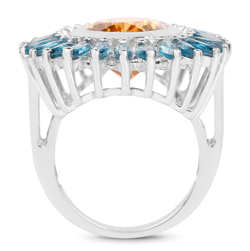 7.54 Carat Genuine Citrine & London Blue Topaz .925 Sterling Silver Ring