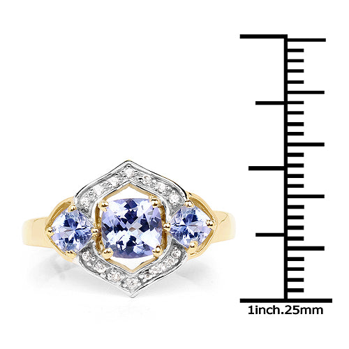 14K Yellow Gold Plated 1.58 Carat Genuine Tanzanite and White Topaz .925 Sterling Silver Ring