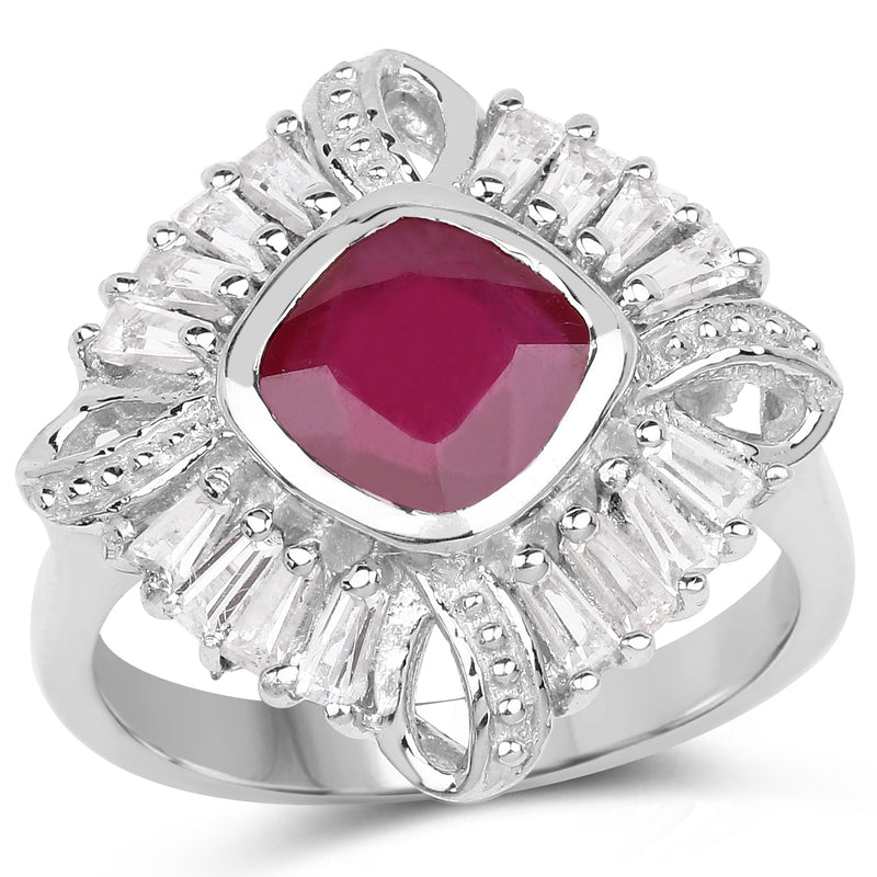 2.66 Carat Glass Filled Ruby and White Topaz .925 Sterling Silver Ring