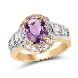 14K Yellow Gold Plated 2.28 Carat Genuine Amethyst, Tanzanite And White Topaz .925 Sterling Silver Ring