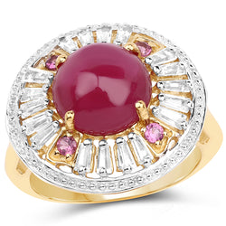 14K Yellow Gold Plated 8.91 Carat Genuine Glass Filled Ruby, Rhodolite & White Topaz .925 Sterling Silver Ring