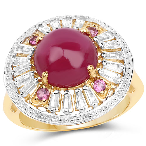 14K Yellow Gold Plated 8.91 Carat Genuine Glass Filled Ruby, Rhodolite & White Topaz .925 Sterling Silver Ring