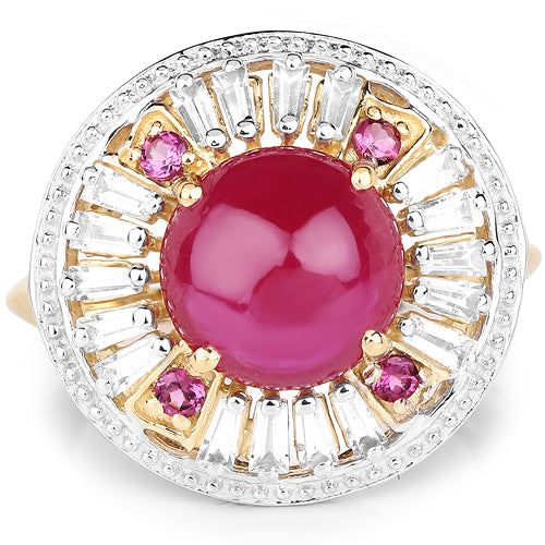 14K Yellow Gold Plated 8.91 Carat Genuine Glass Filled Ruby, Rhodolite & White Topaz .925 Sterling Silver Ring