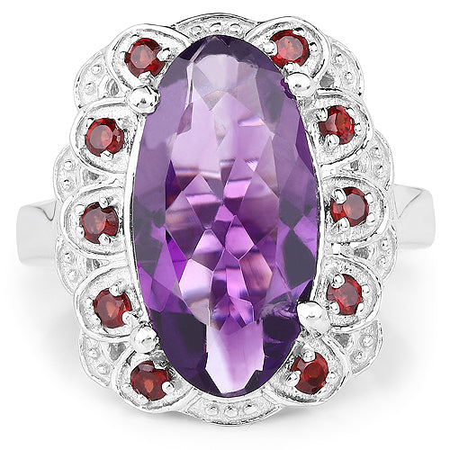 6.40 Carat Genuine Amethyst and Garnet .925 Sterling Silver Ring
