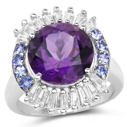 5.24 Carat Genuine Amethyst, Tanzanite & White Topaz .925 Sterling Silver Ring