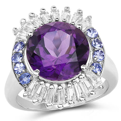 5.24 Carat Genuine Amethyst, Tanzanite & White Topaz .925 Sterling Silver Ring