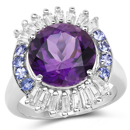 5.24 Carat Genuine Amethyst, Tanzanite & White Topaz .925 Sterling Silver Ring