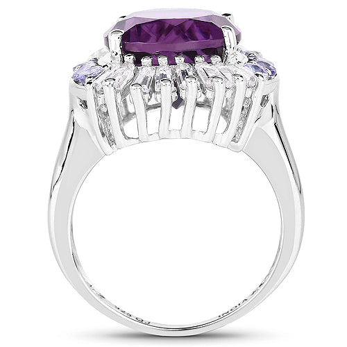 5.24 Carat Genuine Amethyst, Tanzanite & White Topaz .925 Sterling Silver Ring