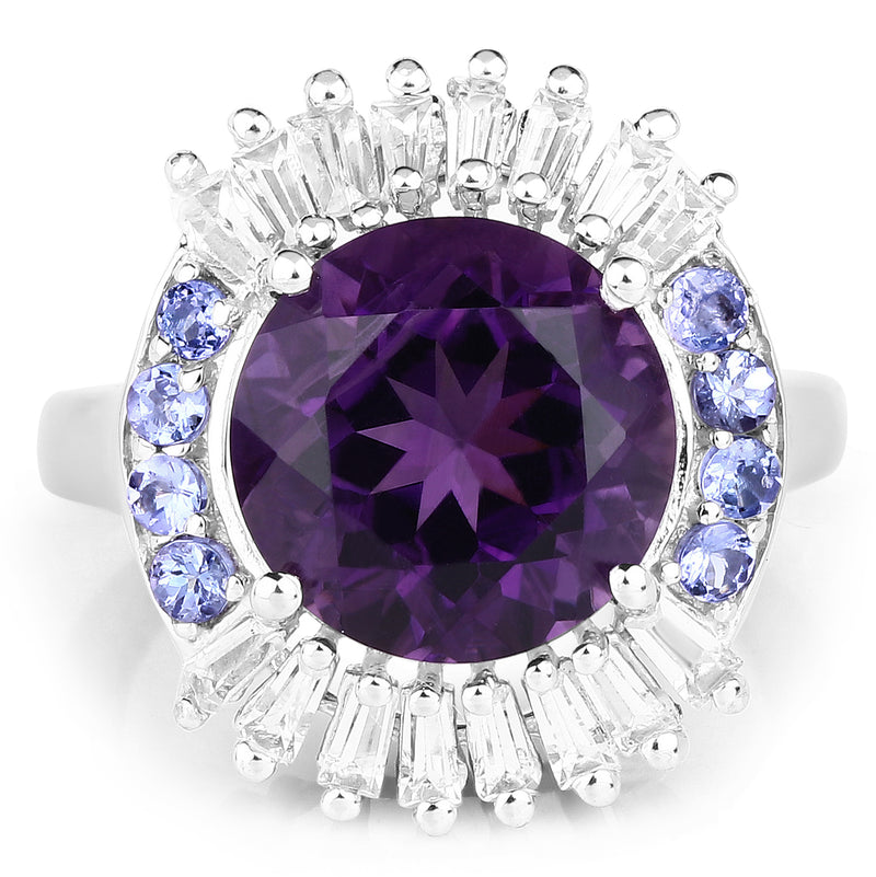 5.24 Carat Genuine Amethyst, Tanzanite & White Topaz .925 Sterling Silver Ring