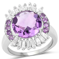5.20 Carat Genuine Amethyst and White Topaz .925 Sterling Silver Ring