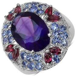 7.02 Carat Genuine Amethyst, Rhodolite & Tanzanite .925 Sterling Silver Ring