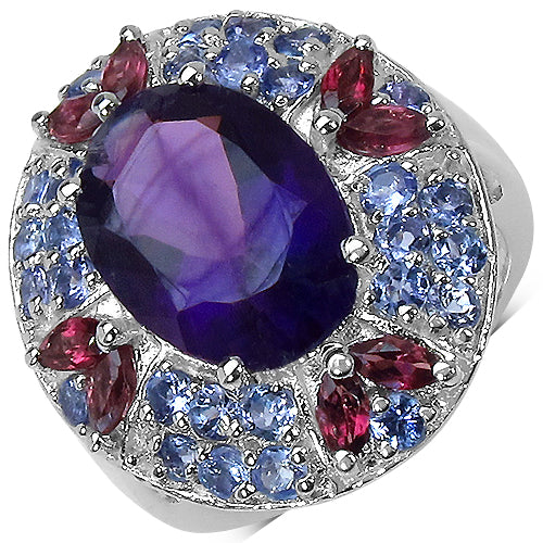 7.02 Carat Genuine Amethyst, Rhodolite & Tanzanite .925 Sterling Silver Ring