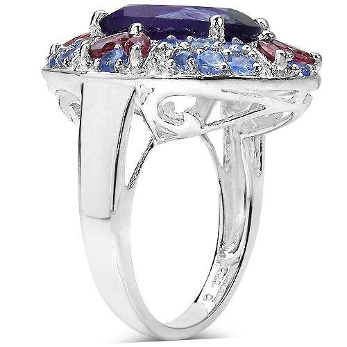 7.02 Carat Genuine Amethyst, Rhodolite & Tanzanite .925 Sterling Silver Ring