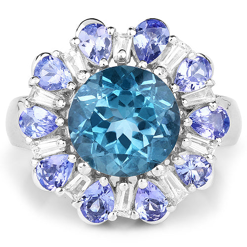 6.19 Carat Genuine London Blue Topaz, Tanzanite & White Topaz .925 Sterling Silver Ring