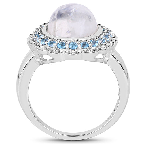 7.21 Carat Genuine White Rainbow Moonstone & Swiss Blue Topaz .925 Sterling Silver Ring