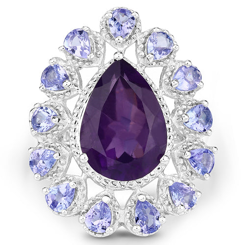 5.82 Carat Genuine Amethyst and Tanzanite .925 Sterling Silver Ring