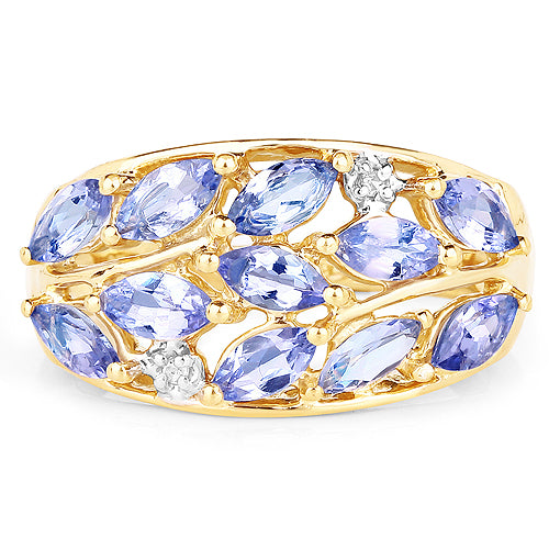 14K Yellow Gold Plated 1.56 Carat Genuine Tanzanite and White Topaz .925 Sterling Silver Ring
