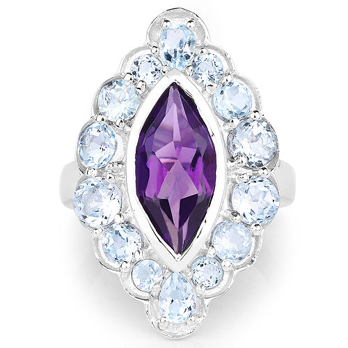 5.30 Carat Genuine Amethyst and Blue Topaz .925 Sterling Silver Ring