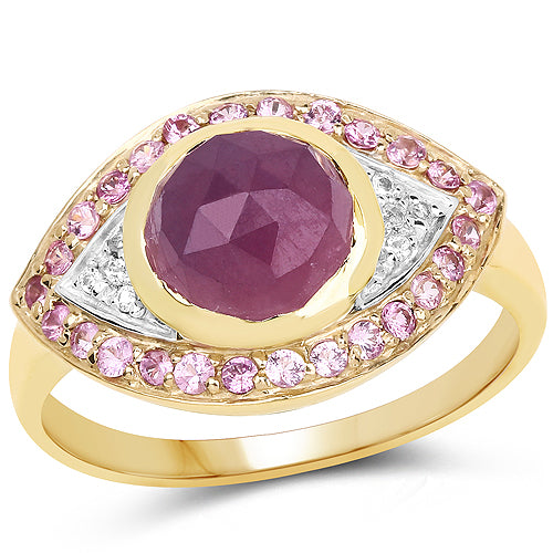 14K Yellow Gold Plated 3.02 Carat Genuine Pink Sapphire and White Topaz .925 Sterling Silver Ring
