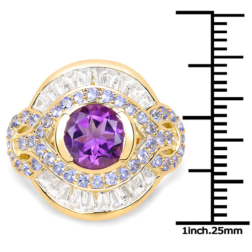 14K Yellow Gold Plated 3.93 Carat Genuine Amethyst, Tanzanite and White Topaz .925 Sterling Silver Ring