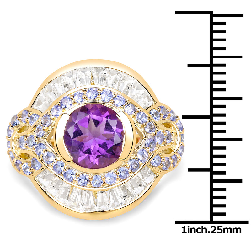 14K Yellow Gold Plated 3.93 Carat Genuine Amethyst, Tanzanite and White Topaz .925 Sterling Silver Ring