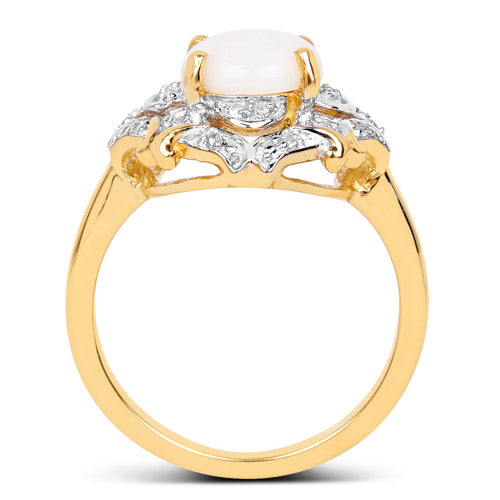 14K Yellow Gold Plated 1.40 Carat Genuine Opal and White Topaz .925 Sterling Silver Ring