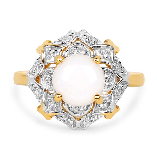 14K Yellow Gold Plated 1.40 Carat Genuine Opal and White Topaz .925 Sterling Silver Ring